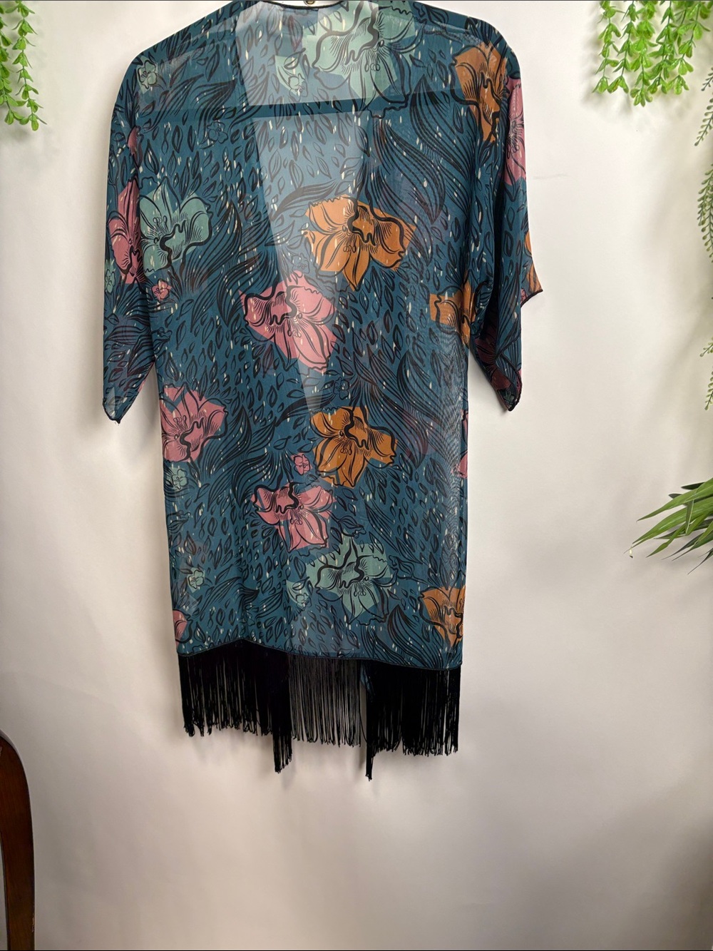 LuLaRoe Teal Floral Open Kimono with Black Detail - Picture 9 of 9